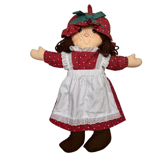 Vintage Rag Doll With Red Floral Dress & Bonnet 17" - Picture 1 of 5